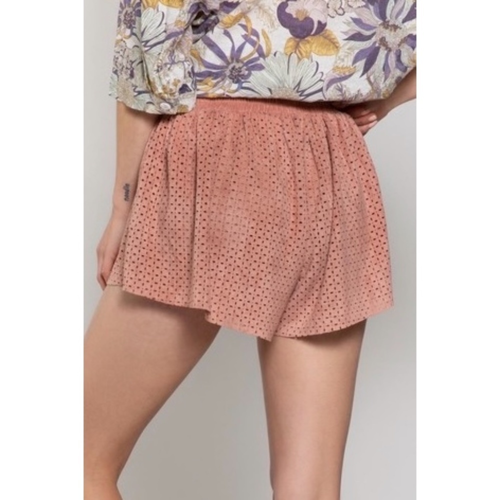 POL Dusty Pink Vegan Suede Smocked Waist Relaxed Fit Shorts - Picture 9 of 11